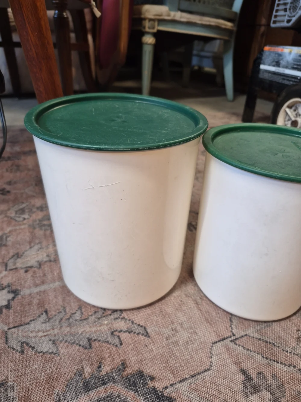 Tupperware White Canister Set with Green Lids Vintage - 4 Piece Touch Close